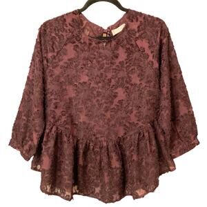 Altar'd State Textured Floral Peplum Top in Rum Raisin Size Medium